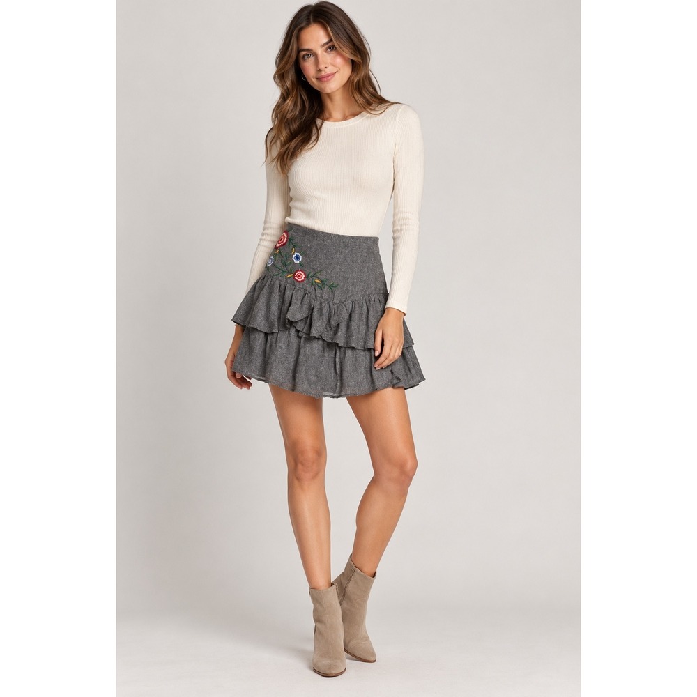 Zara Grey Embroidered Floral Tiered Ruffle Mini Skirt High Waisted Boho